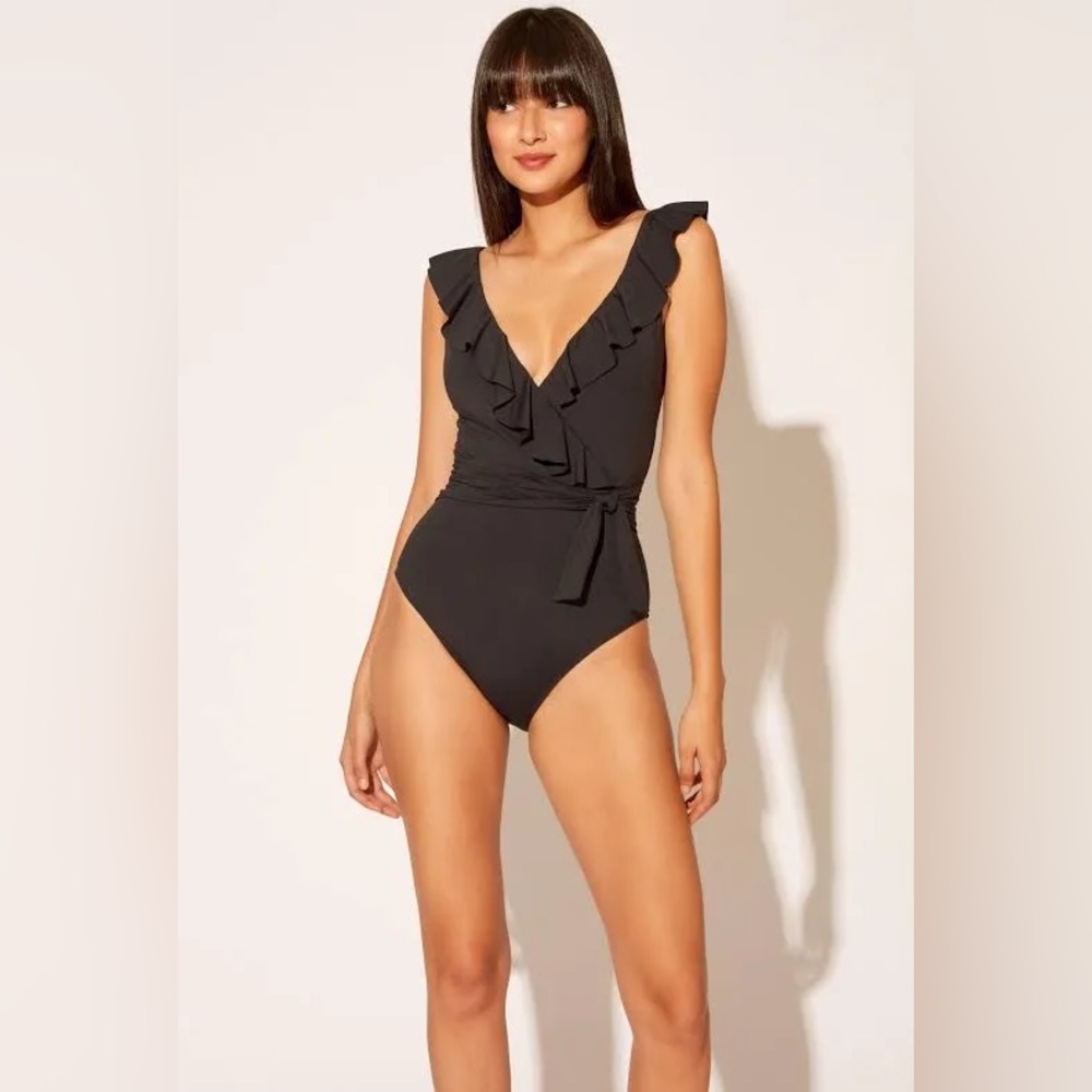 NWOT Bleu Rod Beattie Surplice Ruffle One V-Neck One
Piece Swimsuit Black 10